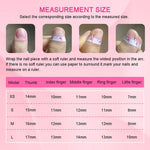 Nail size measurement chart with model sizes and finger width guides for press-ons