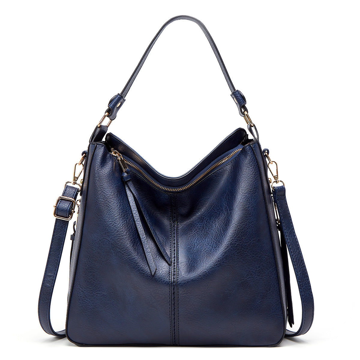 Dark blue hobo bucket bag with top zipper and dual shoulder straps