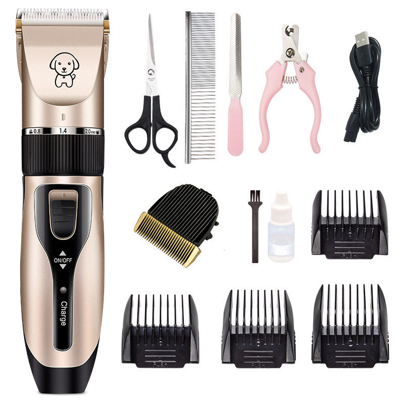 Beige pet hair clipper with multiple comb guards, scissors, brush, and charging cable.