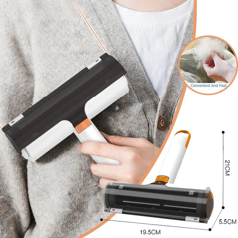 Lint roller with white handle and orange accents, black drum on gray knit fabric