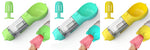 Pet water bottle feeder bowl set with waste bag dispenser, green, teal, yellow, and pink.