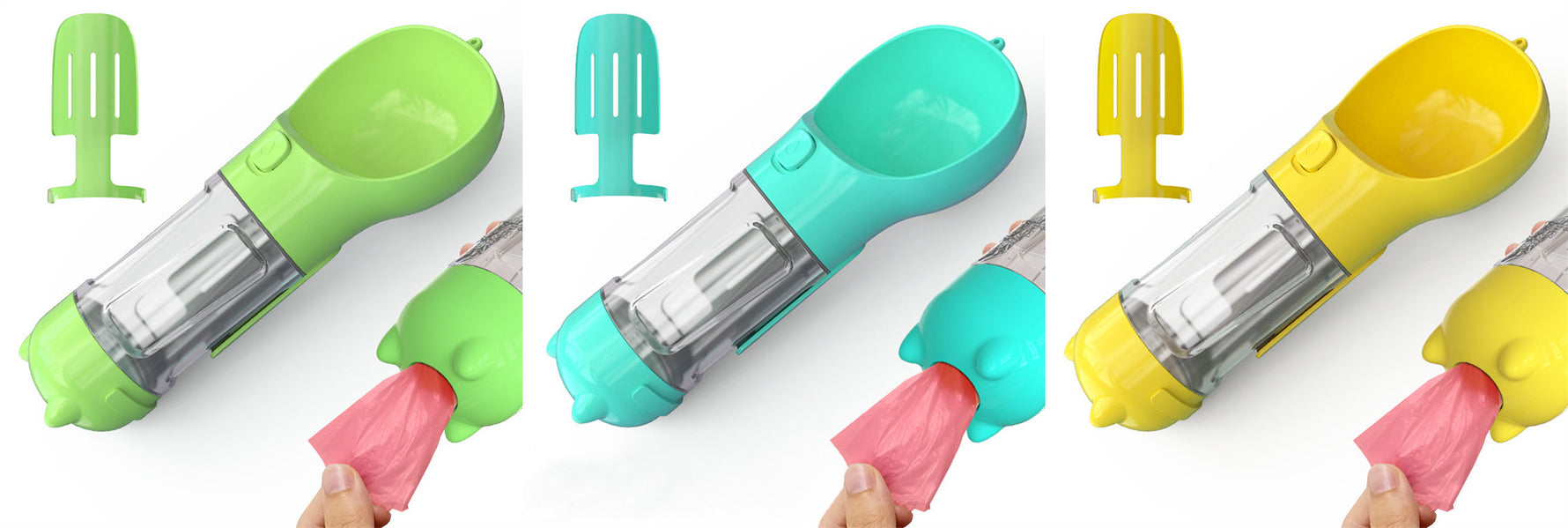 Pet water bottle feeder bowl set with waste bag dispenser, green, teal, yellow, and pink.