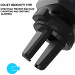 Car air vent phone holder close-up of black collet clamp arms and hinge joint