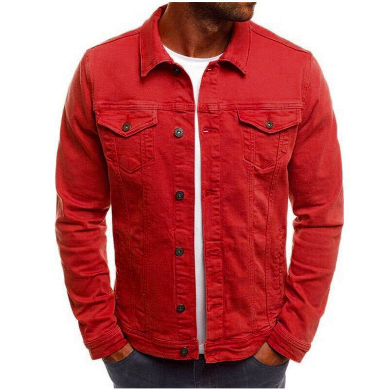 Men's denim button-front jacket with two chest flap pockets, red color.