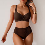 Dark brown high-waist bikini set with twist-front bra and ruched high-cut bottoms