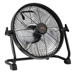 Black VEVOR cordless floor fan angled view with protective metal fan grille