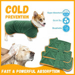 Green microfiber pet bathrobe waist wrap with orange trim shown on dogs and folded