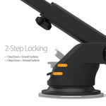 Black suction cup base with two-step locking clip for car phone holder