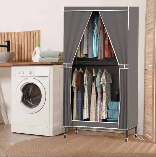 2 Tier Clothing Rack With Cover Portable Wardrobe Closet Covered Garment Rack With 4 Wheels 2 Hanging Rods 2 Hook Racks 35.43x17.13x72.44in