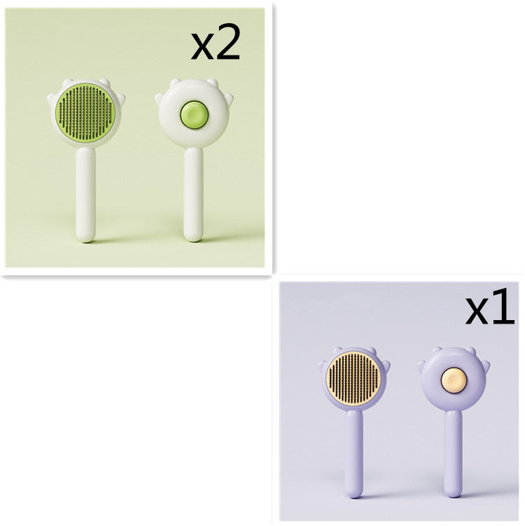 Pet grooming massage comb set with two green round bristle brushes on white handles