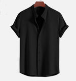 Black short sleeve button-up shirt with pointed collar and vertical textured fabric