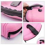 Pink silicone dog treat pouch close-up showing stitched edges and zipper opening