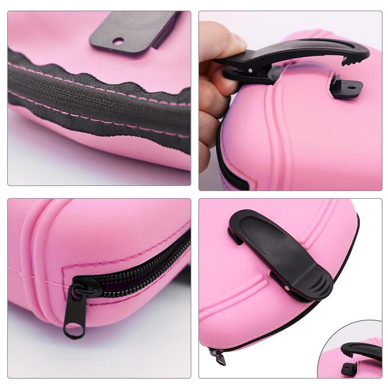 Pink silicone dog treat pouch close-up showing stitched edges and zipper opening