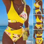 Yellow floral bikini set with triangle top and high-waist bottoms
