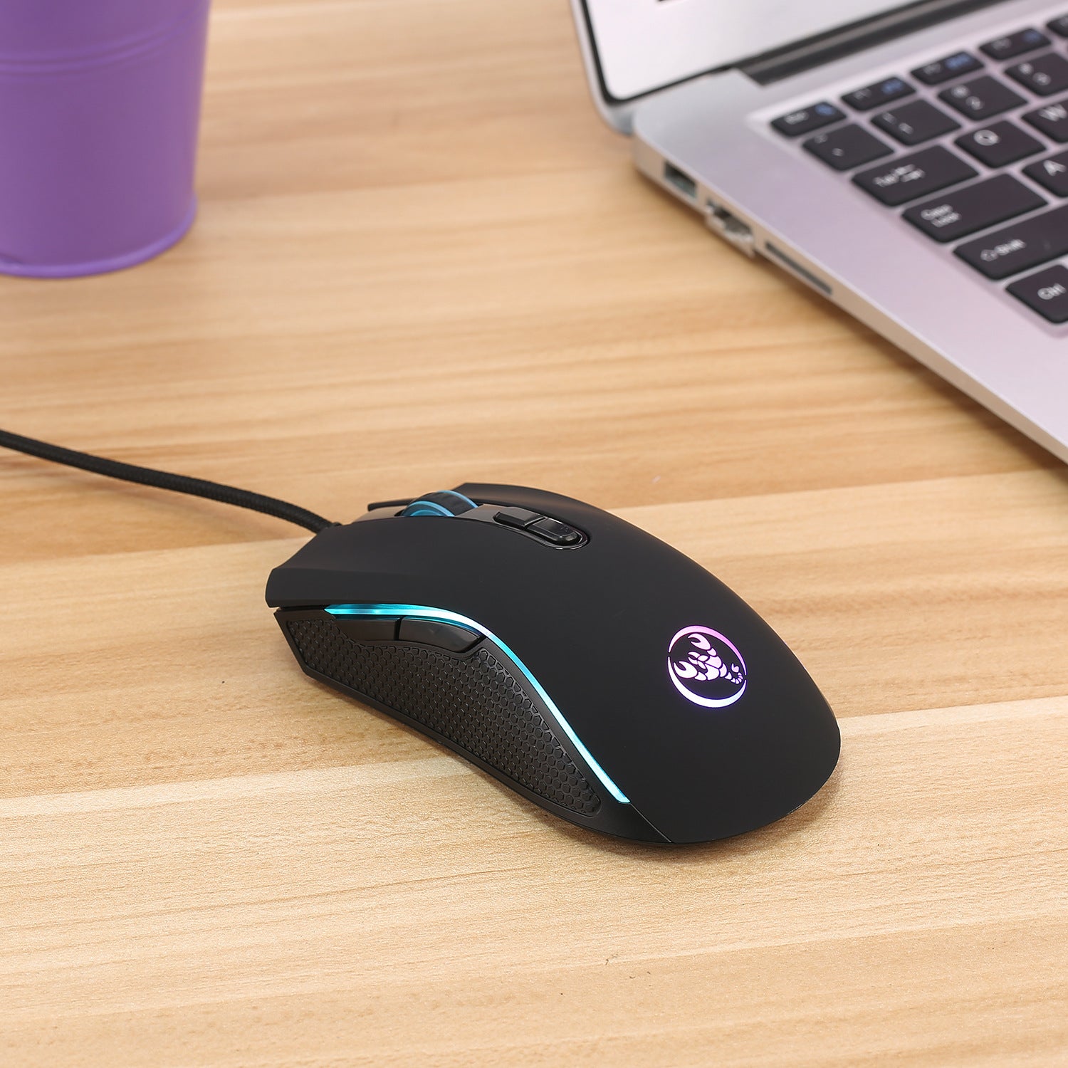 Gaming wired mouse, black with blue LED ring and textured side grip