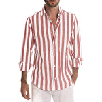 Men's striped button-up long-sleeve shirt with white and red vertical stripes
