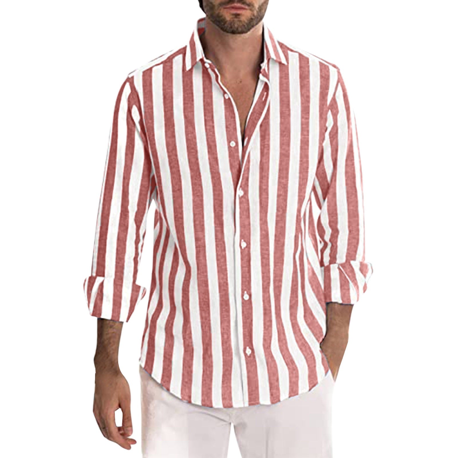 Men's striped button-up long-sleeve shirt with white and red vertical stripes
