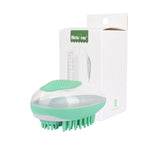 Green pet bath brush with silicone massage pad and green bristle comb in retail box