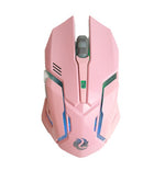 Pink gaming mouse side view with LED accents and small status window