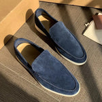 Men's suede loafers, dark blue slip-on driving style with light rubber sole