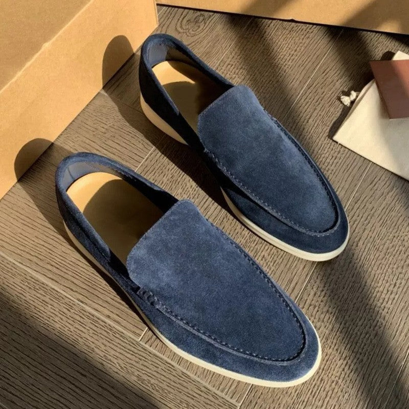 Men's suede loafers, dark blue slip-on driving style with light rubber sole