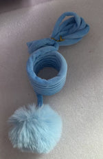 Cat spring toy wand with blue coil and light-blue fluffy pom ball