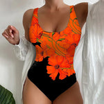 Women's one-piece swimsuit, orange floral print with black bottom, scoop back, wide straps