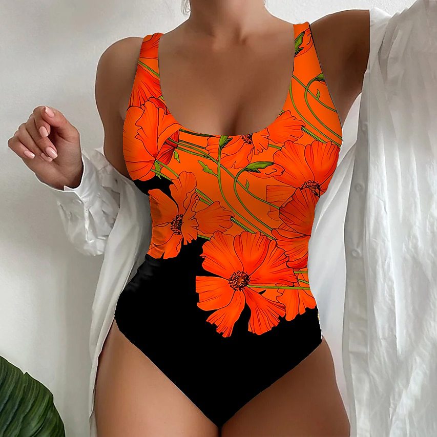 Women's one-piece swimsuit, orange floral print with black bottom, scoop back, wide straps