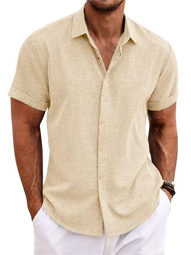 Beige men's linen-style stand collar short sleeve T-shirt, front close-up