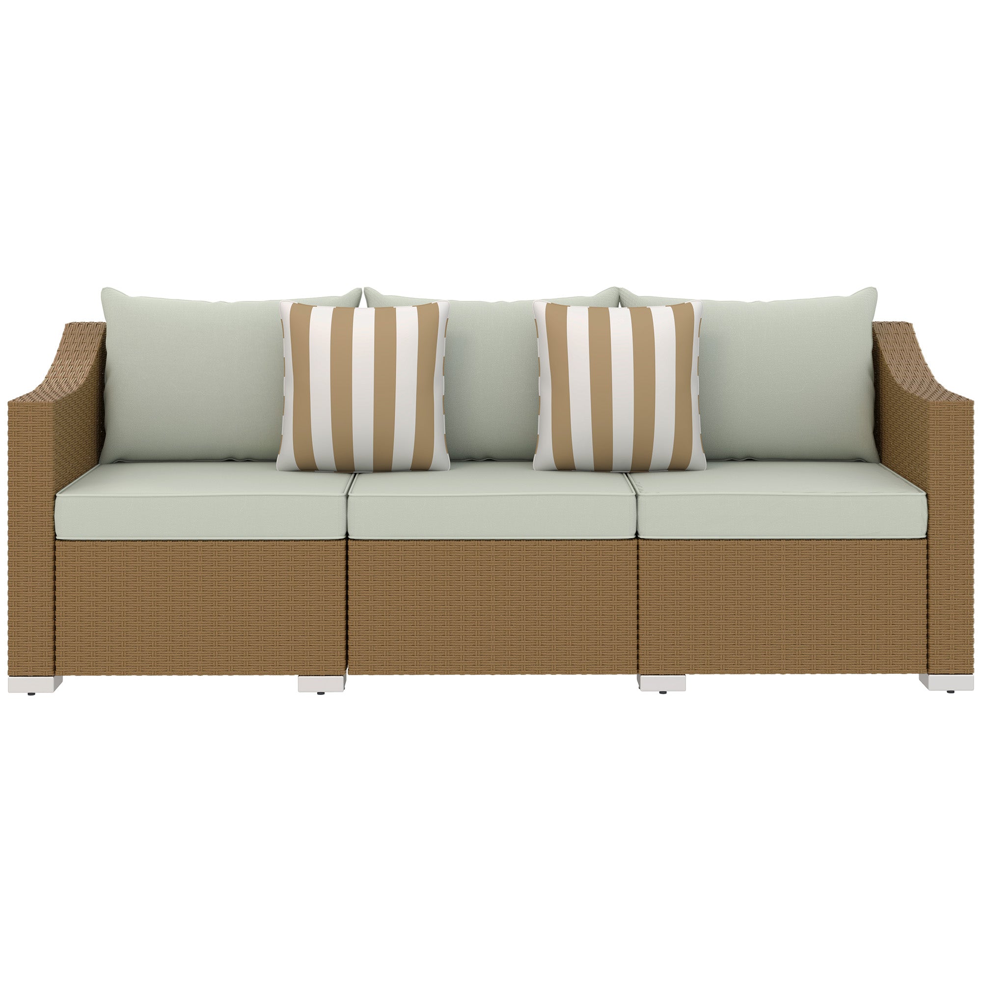 Sofá de jardín de ratán de 3 plazas con cojines, 2 almohadas decorativas, muebles de exterior, sofá de ratán, gris claro