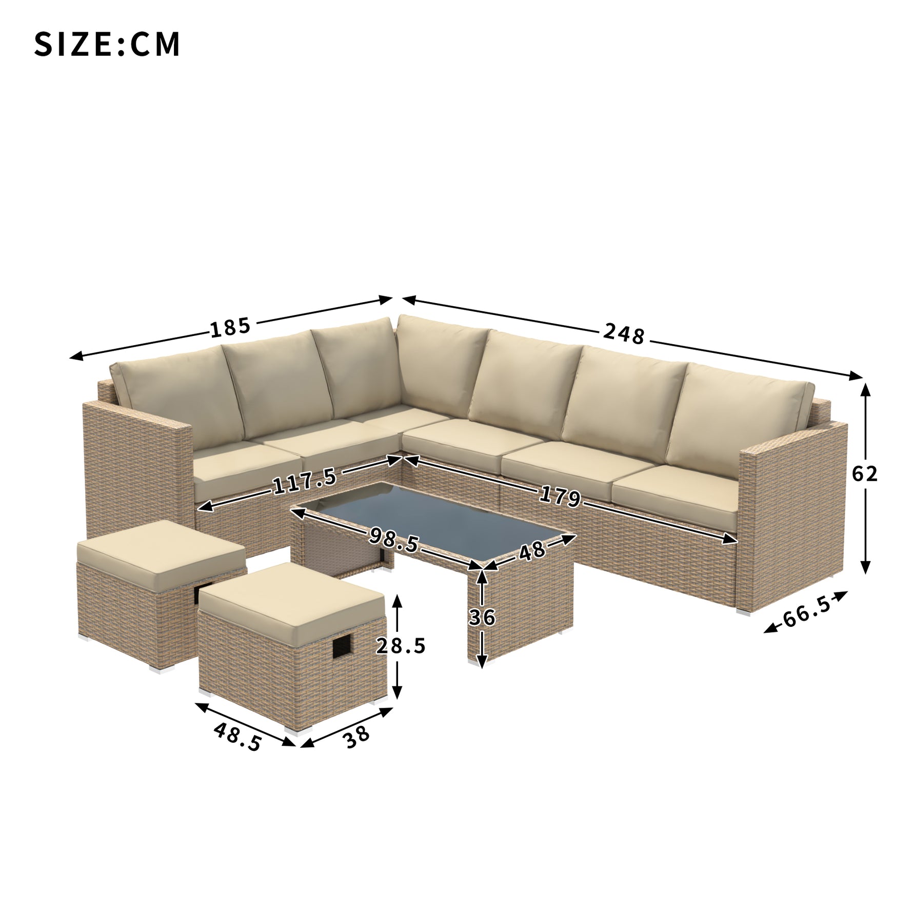 Garden Corner Sofa Set Rattan Sofa Outdoor Furniture With Coffee Table 2 Stools,Khaki