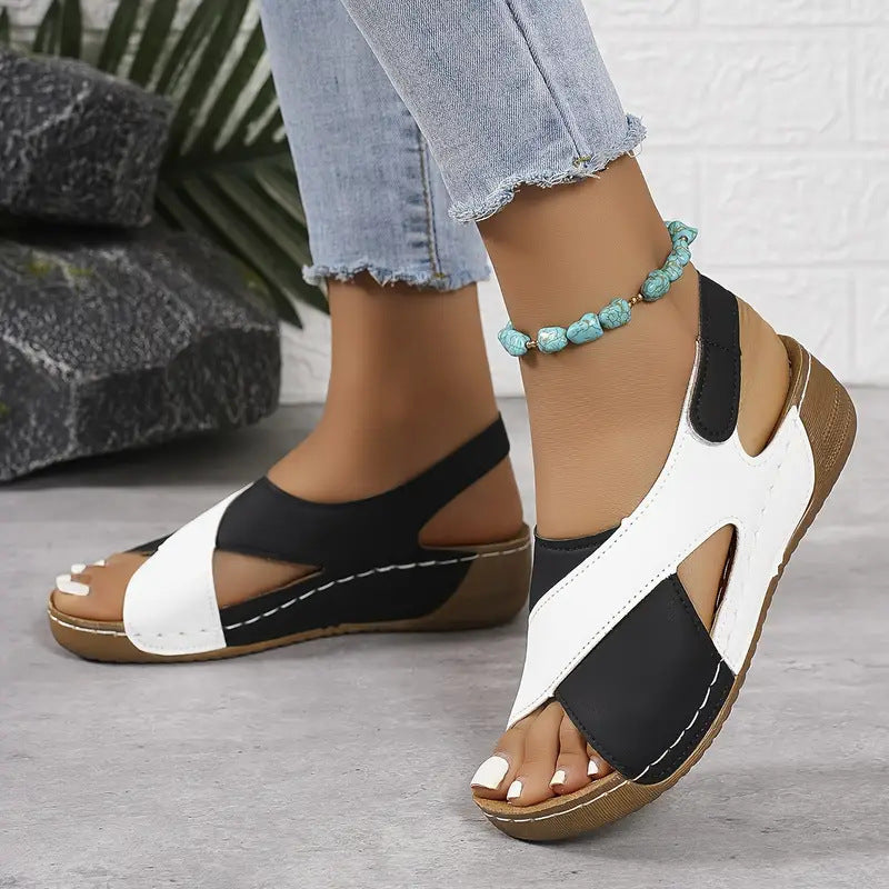 Colorblock wedge platform sandals, black and white, open toe with wide strap
