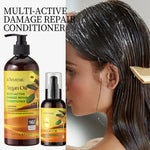 Argan oil hair oil pump bottle and mini bottle, shown with dark hair near scalp