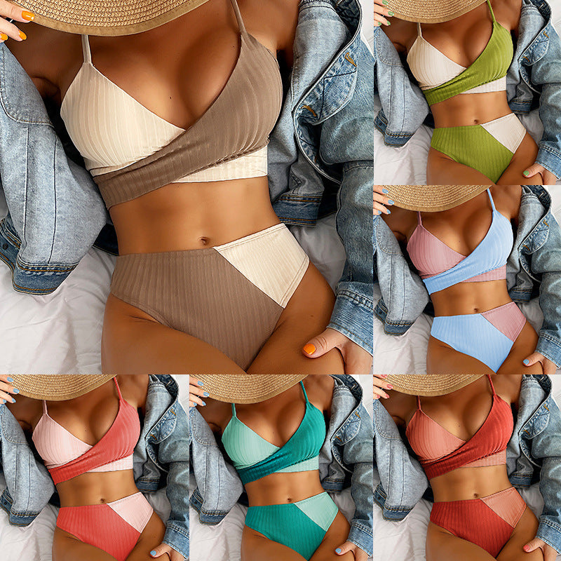Ribbed patchwork bikini set with triangle bra and high-waist briefs, taupe and white panels