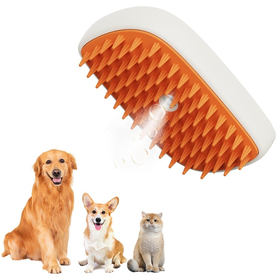 Pet steam spray grooming comb with orange bristles and white body, angled with pets