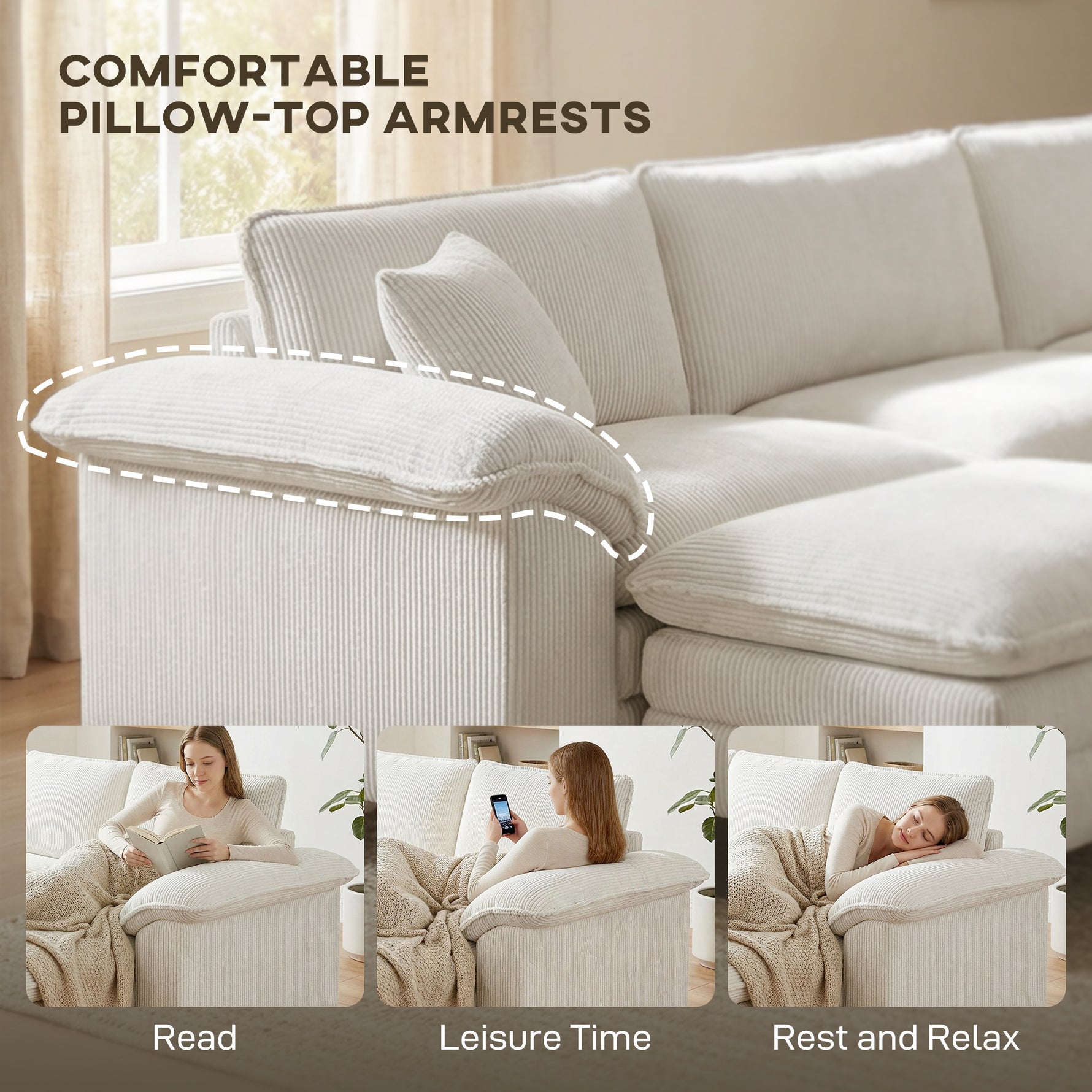 Sectional Sofa, L Shaped Couch with Deep Seat, Movable Ottoman and Pillow-top Armrests, Beige