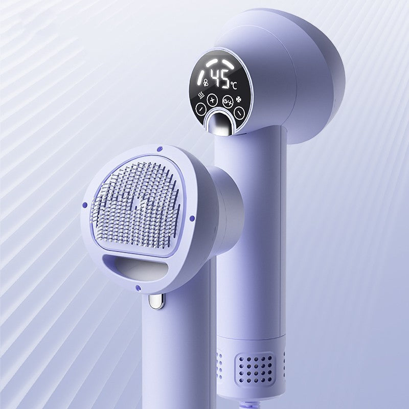 Purple-tinted pet hair dryer with air comb brush head, digital display, and vented nozzle