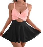 Cutout sling one-piece swimsuit with skirt, blush pink top and black skirt