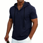 Men's short-sleeve hoodie Henley T-shirt with drawstring, navy blue color