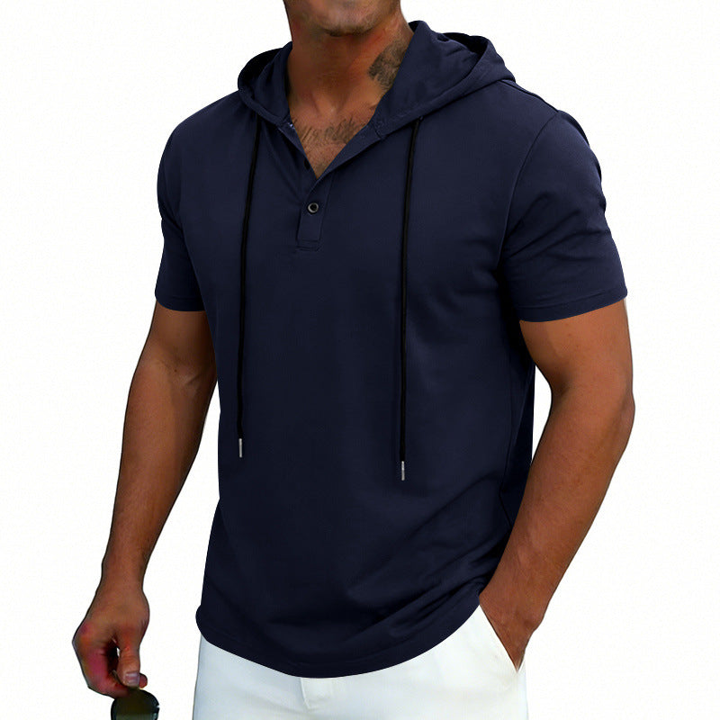 Men's short-sleeve hoodie Henley T-shirt with drawstring, navy blue color
