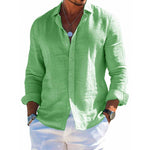 Men's long-sleeve button-up shirt, green, lapel collar, solid button front