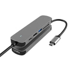 USB-C hub docking station with side USB ports, gray metal dock and USB-C connector cable