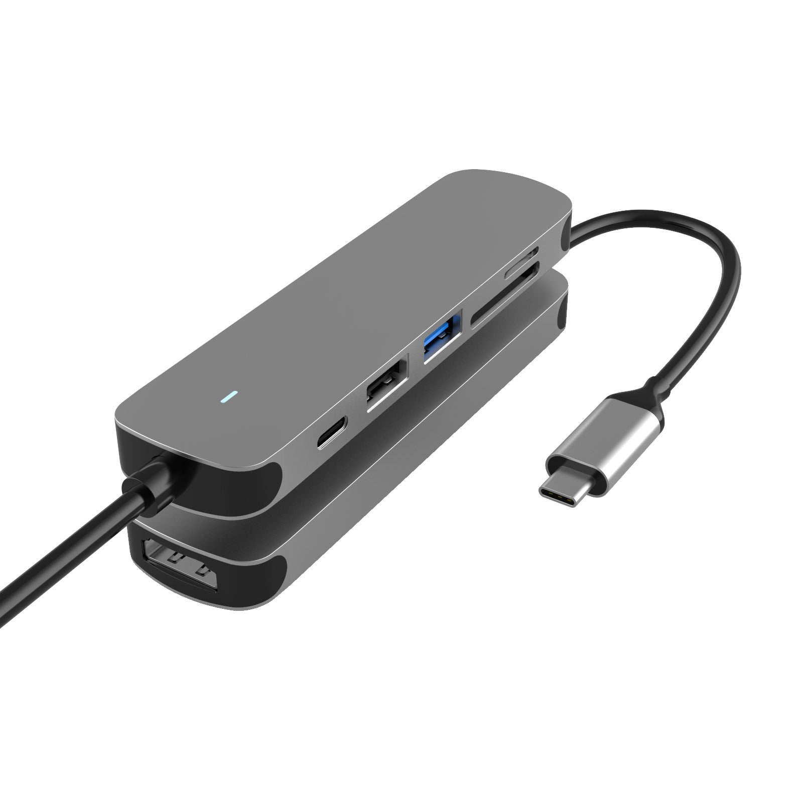 USB-C hub docking station with side USB ports, gray metal dock and USB-C connector cable