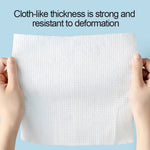 Disposable face towel sheets, white, thick cloth-like texture held up between hands