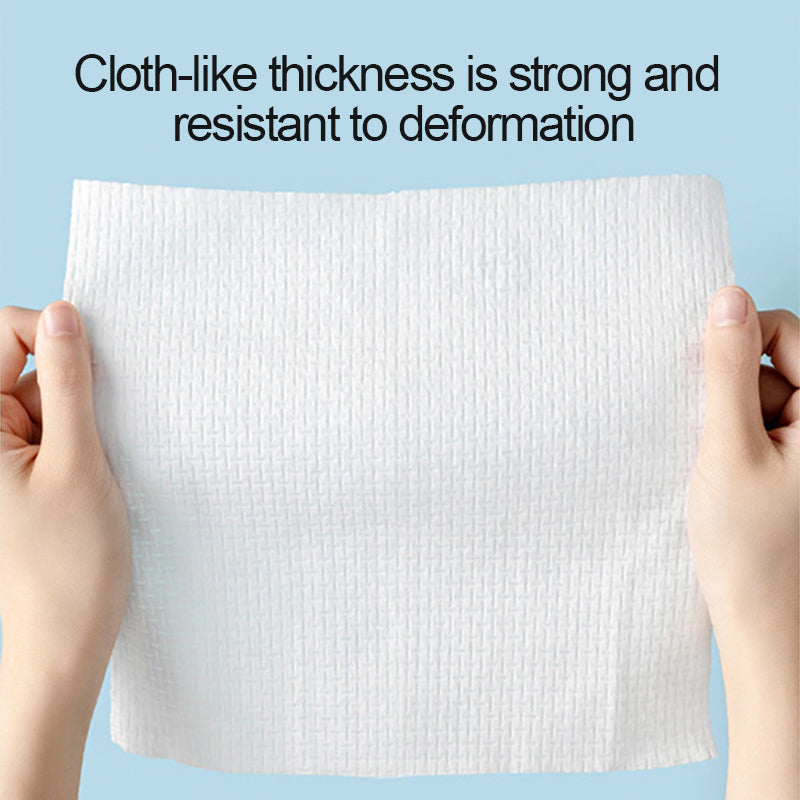 Disposable face towel sheets, white, thick cloth-like texture held up between hands