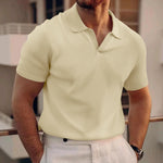 Waffle V-neck polo shirt, short sleeves, light cream with button placket and ribbed texture