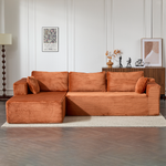 L-shaped sectional couch with chaise in brown corduroy, ottoman seat extension