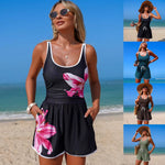 Nylon sleeveless sports bikini swimsuit, black with pink floral front and white trim