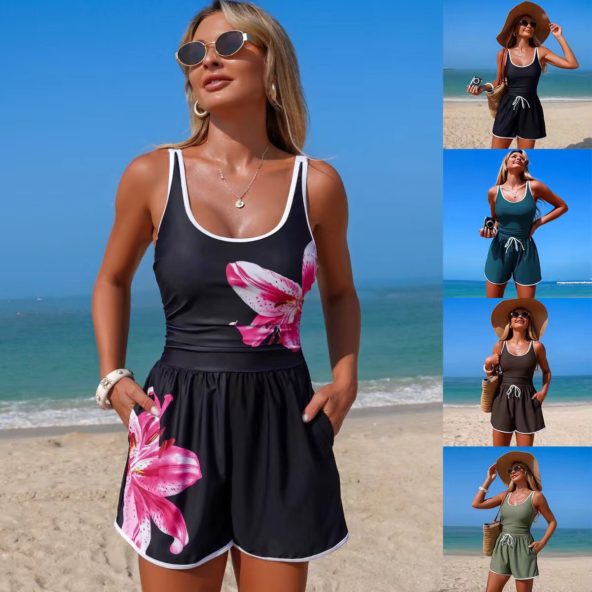 Nylon sleeveless sports bikini swimsuit, black with pink floral front and white trim