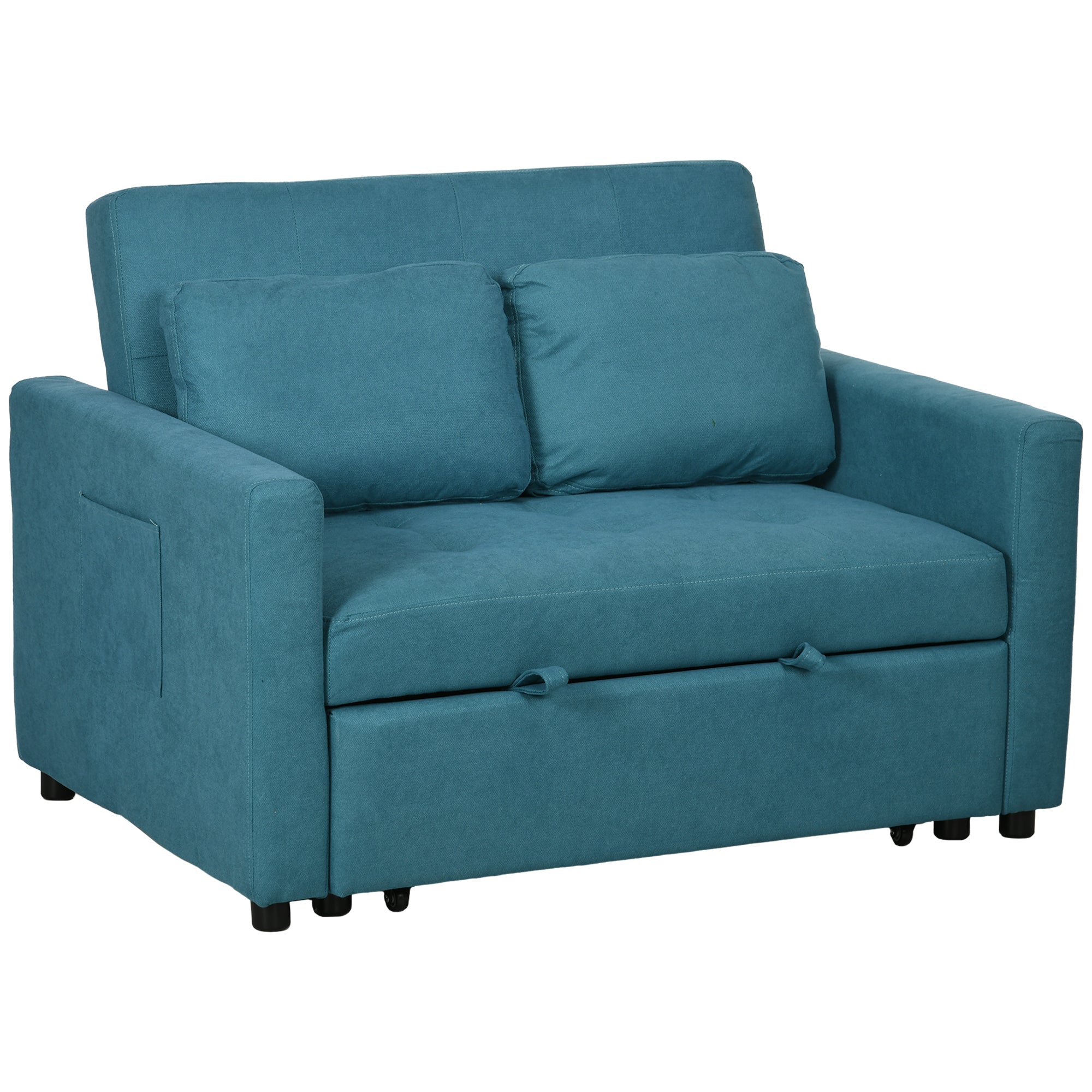 Sofá cama biplaza, diván convertible con 2 cojines, bolsillos laterales para sala de estar, azul